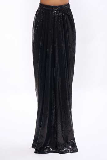 Aariyana Couture_Black Georgette Sweetheart Neck Sequin Draped Saree Skirt Set With Blouse _Online_at_Aza_Fashions