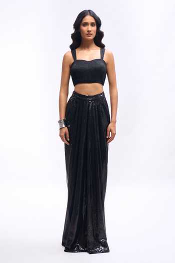 Buy_Aariyana Couture_Black Georgette Sweetheart Neck Sequin Draped Saree Skirt Set With Blouse _Online_at_Aza_Fashions