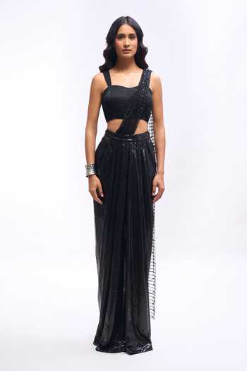 Shop_Aariyana Couture_Black Georgette Sweetheart Neck Sequin Draped Saree Skirt Set With Blouse _Online_at_Aza_Fashions