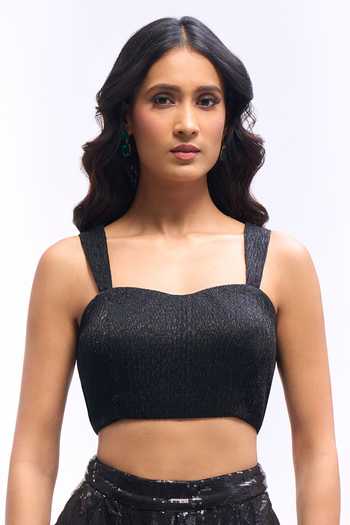 Aariyana Couture_Black Georgette Sweetheart Neck Sequin Draped Saree Skirt Set With Blouse _at_Aza_Fashions