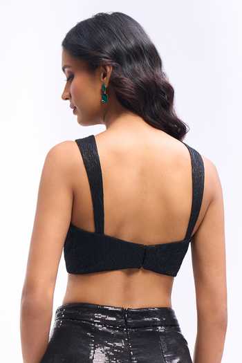 Buy_Aariyana Couture_Black Georgette Sweetheart Neck Sequin Draped Saree Skirt Set With Blouse 