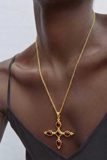 Shop_Arvino_Gold Plated Ruby Cross Pendant Necklace _Online_at_Aza_Fashions