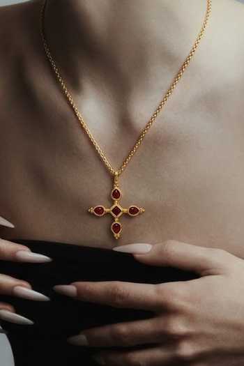 Arvino_Gold Plated Ruby Cross Pendant Necklace _at_Aza_Fashions