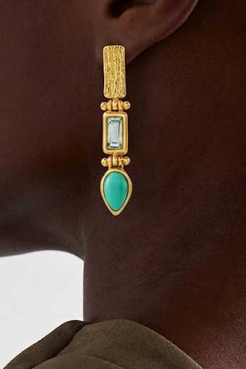 Shop Arvino Gold Plated Turquoise And Blue Topaz Premium Brass Alloy Drop Earrings Online at Aza Fashions Shop_Arvino_Gold Plated Turquoise And Blue Topaz Premium Brass Alloy Drop Earrings _Online_at_Aza_Fashions