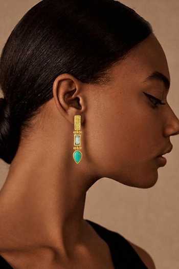 Arvino Gold Plated Turquoise And Blue Topaz Premium Brass Alloy Drop Earrings at Aza Fashions Arvino_Gold Plated Turquoise And Blue Topaz Premium Brass Alloy Drop Earrings _at_Aza_Fashions