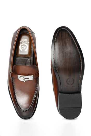 Shop Domani Brown Cavalier Patina Leather Slip On Loafers Online at Aza Fashions Shop_Domani_Brown Cavalier Patina Leather Slip On Loafers _Online_at_Aza_Fashions