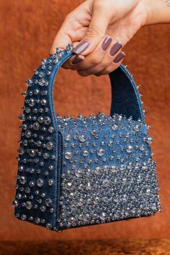 Nayaab By Sonia Blue Denim Kasse Mini Bag at Aza Fashions Nayaab By Sonia_Blue Denim Kasse Mini Bag _at_Aza_Fashions