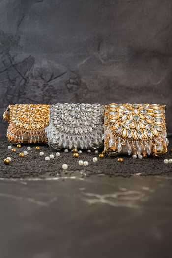 Nayaab By Sonia_Gold Beads, Stones, Crystals, Diamond Cube Mini Clutch Bag _Online_at_Aza_Fashions