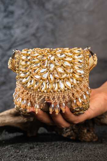 Shop_Nayaab By Sonia_Gold Beads, Stones, Crystals, Diamond Cube Mini Clutch Bag _Online_at_Aza_Fashions