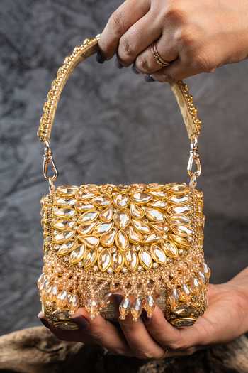 Nayaab By Sonia_Gold Beads, Stones, Crystals, Diamond Cube Mini Clutch Bag _at_Aza_Fashions