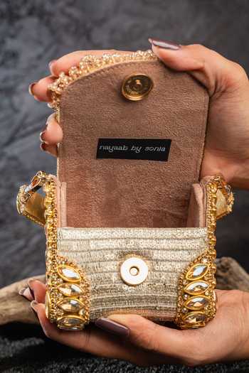 Shop_Nayaab By Sonia_Gold Beads, Stones, Crystals, Diamond Cube Mini Clutch Bag 