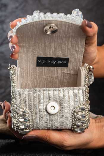 Nayaab By Sonia_Silver Stones, Crystals Diamond Cube Mini Clutch Bag _at_Aza_Fashions