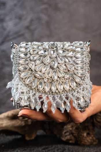 Shop_Nayaab By Sonia_Silver Stones, Crystals Diamond Cube Mini Clutch Bag 