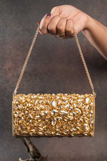 Nayaab By Sonia Diamond Hinted Trifold Gold Clutch Bag 