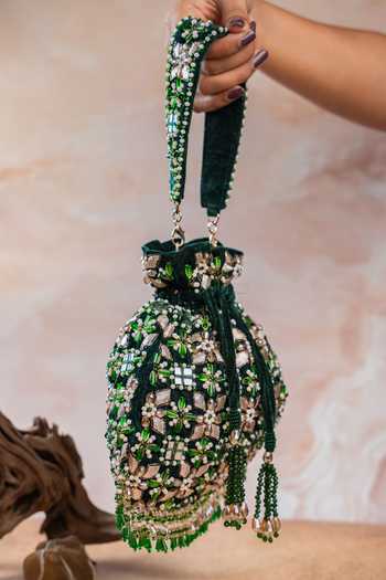 Nayaab By Sonia Emerald Green Embroidery, Beads, Pearls, Mirrors, Tassels Floral Trellis Potli Online at Aza Fashions Nayaab By Sonia_Emerald Green Embroidery, Beads, Pearls, Mirrors, Tassels Floral Trellis Potli _Online_at_Aza_Fashions