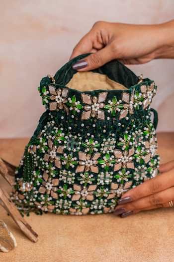 Buy Nayaab By Sonia Emerald Green Embroidery, Beads, Pearls, Mirrors, Tassels Floral Trellis Potli Online at Aza Fashions Buy_Nayaab By Sonia_Emerald Green Embroidery, Beads, Pearls, Mirrors, Tassels Floral Trellis Potli _Online_at_Aza_Fashions