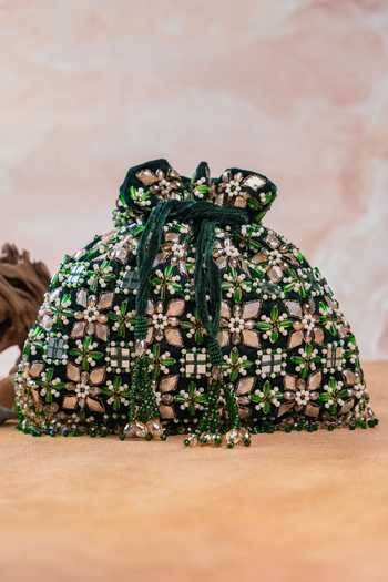 Shop Nayaab By Sonia Emerald Green Embroidery, Beads, Pearls, Mirrors, Tassels Floral Trellis Potli Online at Aza Fashions Shop_Nayaab By Sonia_Emerald Green Embroidery, Beads, Pearls, Mirrors, Tassels Floral Trellis Potli _Online_at_Aza_Fashions
