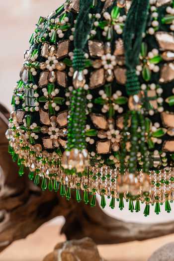 Nayaab By Sonia Emerald Green Embroidery, Beads, Pearls, Mirrors, Tassels Floral Trellis Potli at Aza Fashions Nayaab By Sonia_Emerald Green Embroidery, Beads, Pearls, Mirrors, Tassels Floral Trellis Potli _at_Aza_Fashions