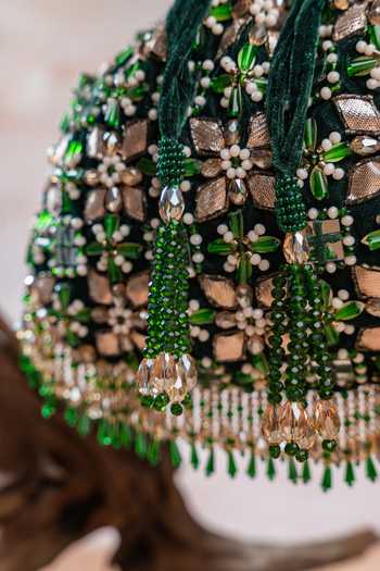 Buy Nayaab By Sonia Emerald Green Embroidery, Beads, Pearls, Mirrors, Tassels Floral Trellis Potli Buy_Nayaab By Sonia_Emerald Green Embroidery, Beads, Pearls, Mirrors, Tassels Floral Trellis Potli