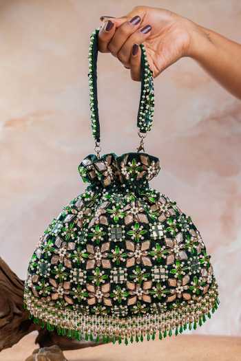 Shop Nayaab By Sonia Emerald Green Embroidery, Beads, Pearls, Mirrors, Tassels Floral Trellis Potli at Aza Fashions Shop_Nayaab By Sonia_Emerald Green Embroidery, Beads, Pearls, Mirrors, Tassels Floral Trellis Potli _at_Aza_Fashions