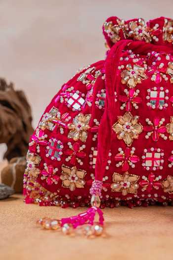 Shop Nayaab By Sonia Magenta Embroidery, Beads, Pearls, Stones, Mirrors, Floral Trellis Fuchsia Potli Shop_Nayaab By Sonia_Magenta Embroidery, Beads, Pearls, Stones, Mirrors, Floral Trellis Fuchsia Potli