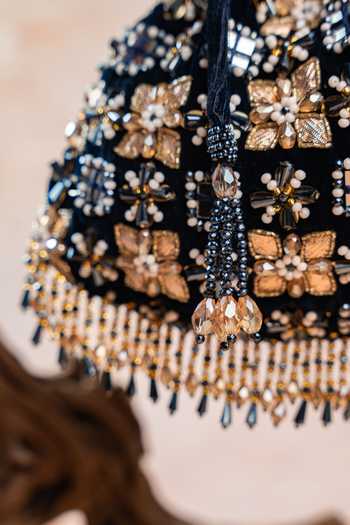 Nayaab By Sonia Navy Embroidery, Beads, Pearls, Stones, Mirrors Floral Trellis Potli Online at Aza Fashions Nayaab By Sonia_Navy Embroidery, Beads, Pearls, Stones, Mirrors Floral Trellis Potli _Online_at_Aza_Fashions