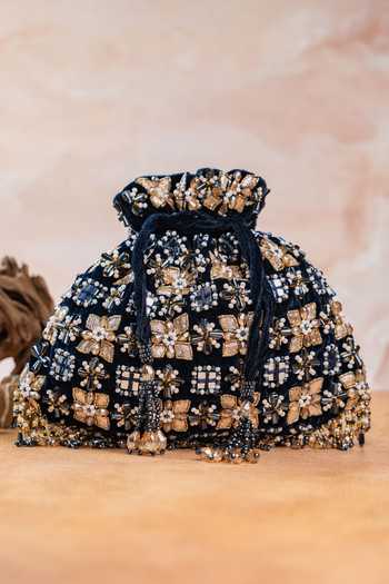 Nayaab By Sonia Navy Embroidery, Beads, Pearls, Stones, Mirrors Floral Trellis Potli at Aza Fashions Nayaab By Sonia_Navy Embroidery, Beads, Pearls, Stones, Mirrors Floral Trellis Potli _at_Aza_Fashions