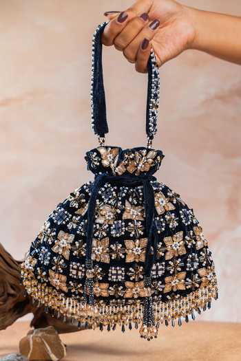 Buy Nayaab By Sonia Navy Embroidery, Beads, Pearls, Stones, Mirrors Floral Trellis Potli at Aza Fashions Buy_Nayaab By Sonia_Navy Embroidery, Beads, Pearls, Stones, Mirrors Floral Trellis Potli _at_Aza_Fashions