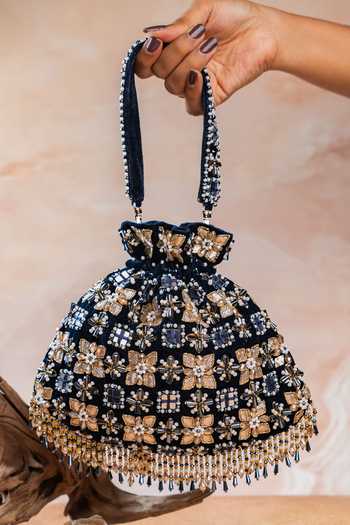 Shop Nayaab By Sonia Navy Embroidery, Beads, Pearls, Stones, Mirrors Floral Trellis Potli at Aza Fashions Shop_Nayaab By Sonia_Navy Embroidery, Beads, Pearls, Stones, Mirrors Floral Trellis Potli _at_Aza_Fashions