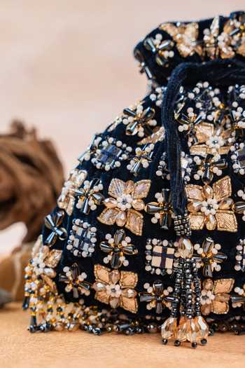 Shop Nayaab By Sonia Navy Embroidery, Beads, Pearls, Stones, Mirrors Floral Trellis Potli Shop_Nayaab By Sonia_Navy Embroidery, Beads, Pearls, Stones, Mirrors Floral Trellis Potli