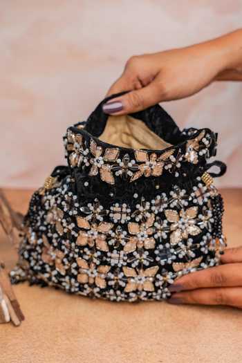 Nayaab By Sonia Black Sequins, Beads, Mirrors, Tassels Floral Trellis Noir Potli Online at Aza Fashions Nayaab By Sonia_Black Sequins, Beads, Mirrors, Tassels Floral Trellis Noir Potli _Online_at_Aza_Fashions