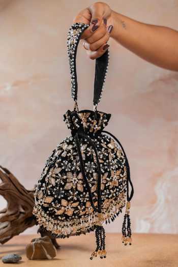 Buy Nayaab By Sonia Black Sequins, Beads, Mirrors, Tassels Floral Trellis Noir Potli Online at Aza Fashions Buy_Nayaab By Sonia_Black Sequins, Beads, Mirrors, Tassels Floral Trellis Noir Potli _Online_at_Aza_Fashions