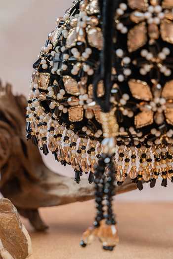 Shop Nayaab By Sonia Black Sequins, Beads, Mirrors, Tassels Floral Trellis Noir Potli Online at Aza Fashions Shop_Nayaab By Sonia_Black Sequins, Beads, Mirrors, Tassels Floral Trellis Noir Potli _Online_at_Aza_Fashions