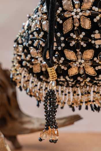 Nayaab By Sonia Black Sequins, Beads, Mirrors, Tassels Floral Trellis Noir Potli at Aza Fashions Nayaab By Sonia_Black Sequins, Beads, Mirrors, Tassels Floral Trellis Noir Potli _at_Aza_Fashions