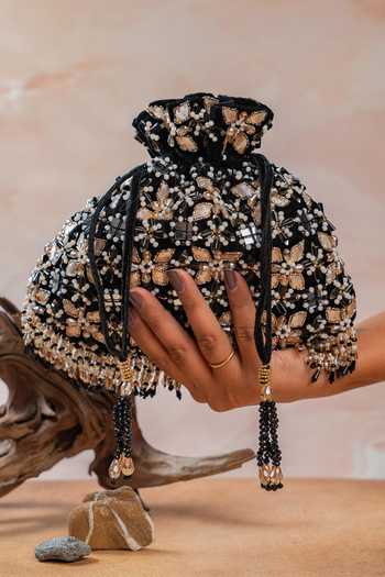 Shop Nayaab By Sonia Black Sequins, Beads, Mirrors, Tassels Floral Trellis Noir Potli Shop_Nayaab By Sonia_Black Sequins, Beads, Mirrors, Tassels Floral Trellis Noir Potli
