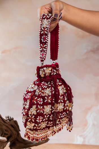 Nayaab By Sonia_Maroon Sequins, Beads, Pearls, Stones, Mirrors, Floral Trellis Velvet Potli Bag _Online_at_Aza_Fashions