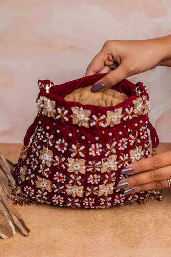 Shop_Nayaab By Sonia_Maroon Sequins, Beads, Pearls, Stones, Mirrors, Floral Trellis Velvet Potli Bag _Online_at_Aza_Fashions
