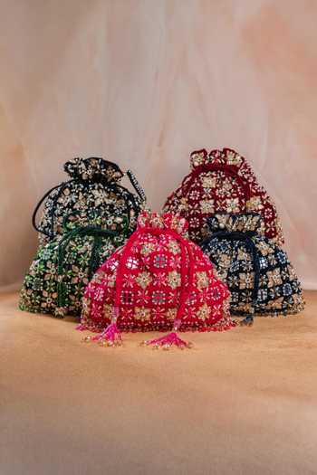 Nayaab By Sonia_Maroon Sequins, Beads, Pearls, Stones, Mirrors, Floral Trellis Velvet Potli Bag _at_Aza_Fashions