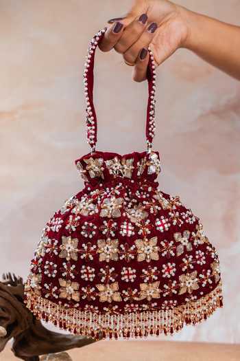 Buy_Nayaab By Sonia_Maroon Sequins, Beads, Pearls, Stones, Mirrors, Floral Trellis Velvet Potli Bag 