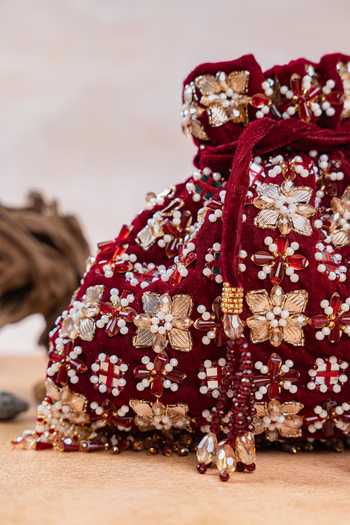 Shop_Nayaab By Sonia_Maroon Sequins, Beads, Pearls, Stones, Mirrors, Floral Trellis Velvet Potli Bag 