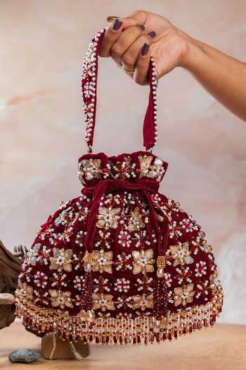 Nayaab By Sonia Floral Trellis Velvet Potli Bag