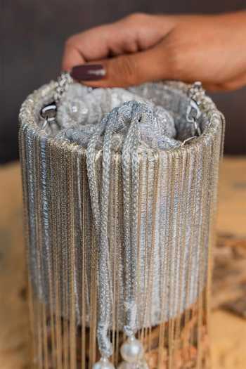 Buy_Nayaab By Sonia_Silver Pearls, Crystals, Tassels, Fringe Hinted Cascade Burst Potli Bag _Online_at_Aza_Fashions