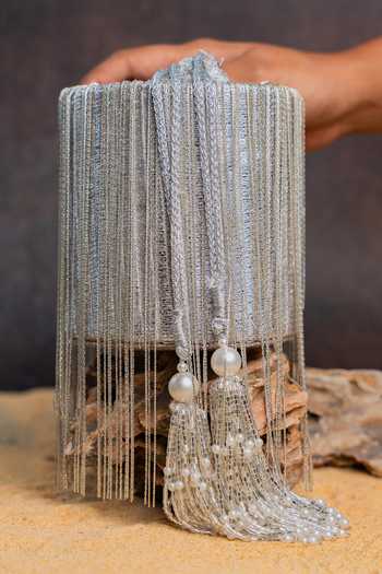 Shop_Nayaab By Sonia_Silver Pearls, Crystals, Tassels, Fringe Hinted Cascade Burst Potli Bag _Online_at_Aza_Fashions