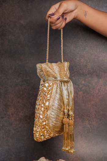 Nayaab By Sonia_Gold Beads, Stones, Crystals, Tassels, Hinted Diamond Royal Potli Bag _Online_at_Aza_Fashions
