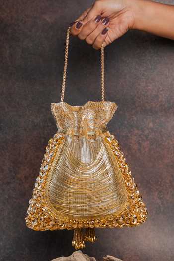 Buy_Nayaab By Sonia_Gold Beads, Stones, Crystals, Tassels, Hinted Diamond Royal Potli Bag _Online_at_Aza_Fashions