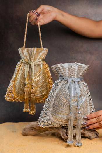 Shop_Nayaab By Sonia_Gold Beads, Stones, Crystals, Tassels, Hinted Diamond Royal Potli Bag _Online_at_Aza_Fashions