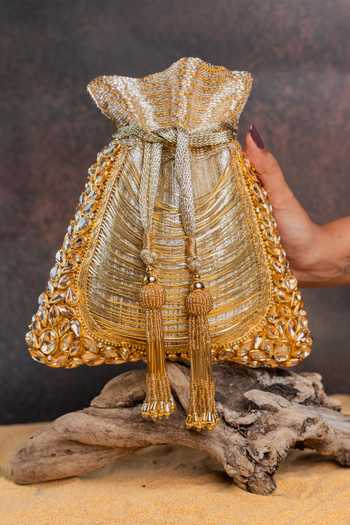 Buy_Nayaab By Sonia_Gold Beads, Stones, Crystals, Tassels, Hinted Diamond Royal Potli Bag 
