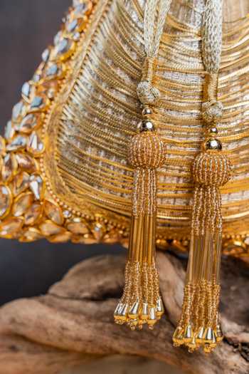 Shop_Nayaab By Sonia_Gold Beads, Stones, Crystals, Tassels, Hinted Diamond Royal Potli Bag 
