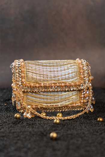 Shop_Nayaab By Sonia_Gold Embroidered Silk Mini Clutch Bag _Online_at_Aza_Fashions