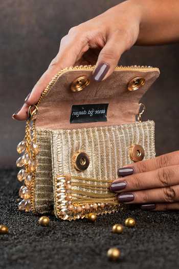 Buy_Nayaab By Sonia_Gold Embroidered Silk Mini Clutch Bag 